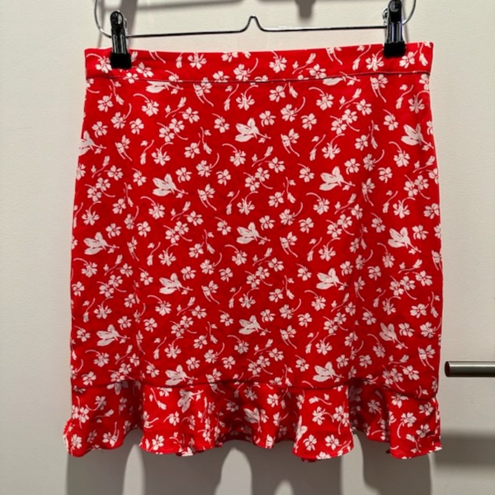 J Crew red floral skirt with ruffle hem